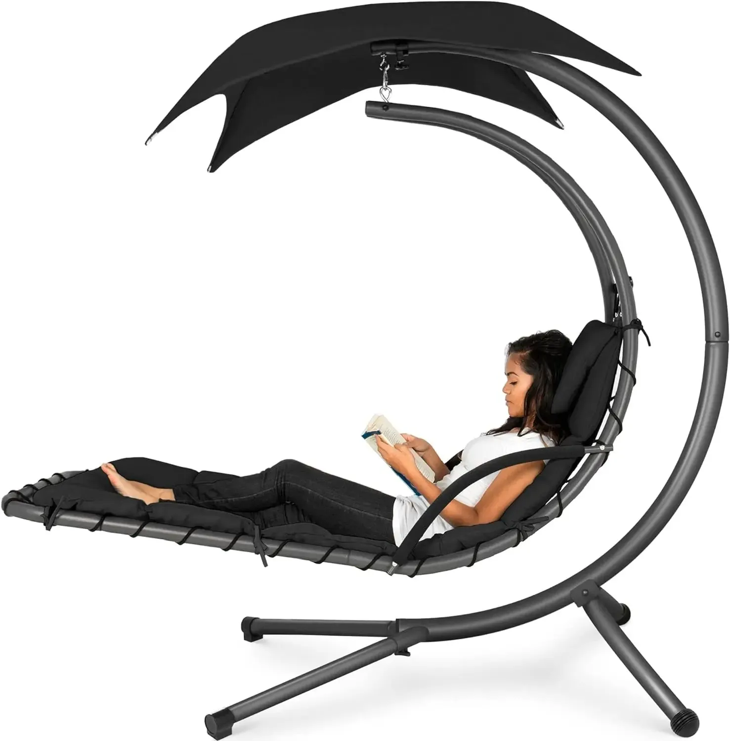 Best Choice Products Outdoor Hanging Curved Steel Chaise Lounge Chair Swing w/ Pillow & Removable Canopy - Red