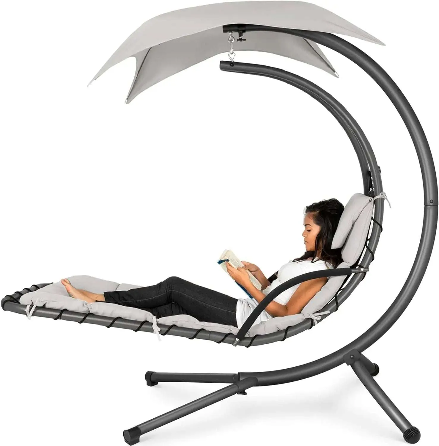 Best Choice Products Outdoor Hanging Curved Steel Chaise Lounge Chair Swing w/ Pillow & Removable Canopy - Red