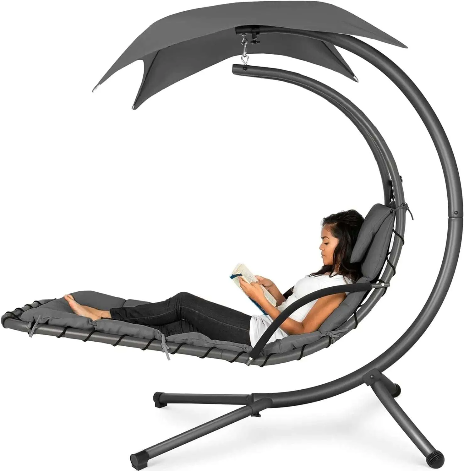 Best Choice Products Outdoor Hanging Curved Steel Chaise Lounge Chair Swing w/ Pillow & Removable Canopy - Red