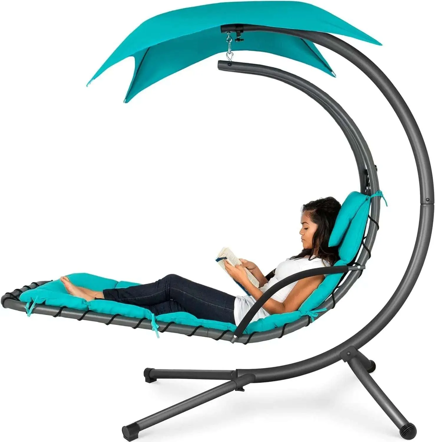 Best Choice Products Outdoor Hanging Curved Steel Chaise Lounge Chair Swing w/ Pillow & Removable Canopy - Red