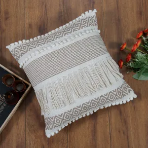 Boho Cushion Cover with Fringes and Diamond Pattern Beige and White