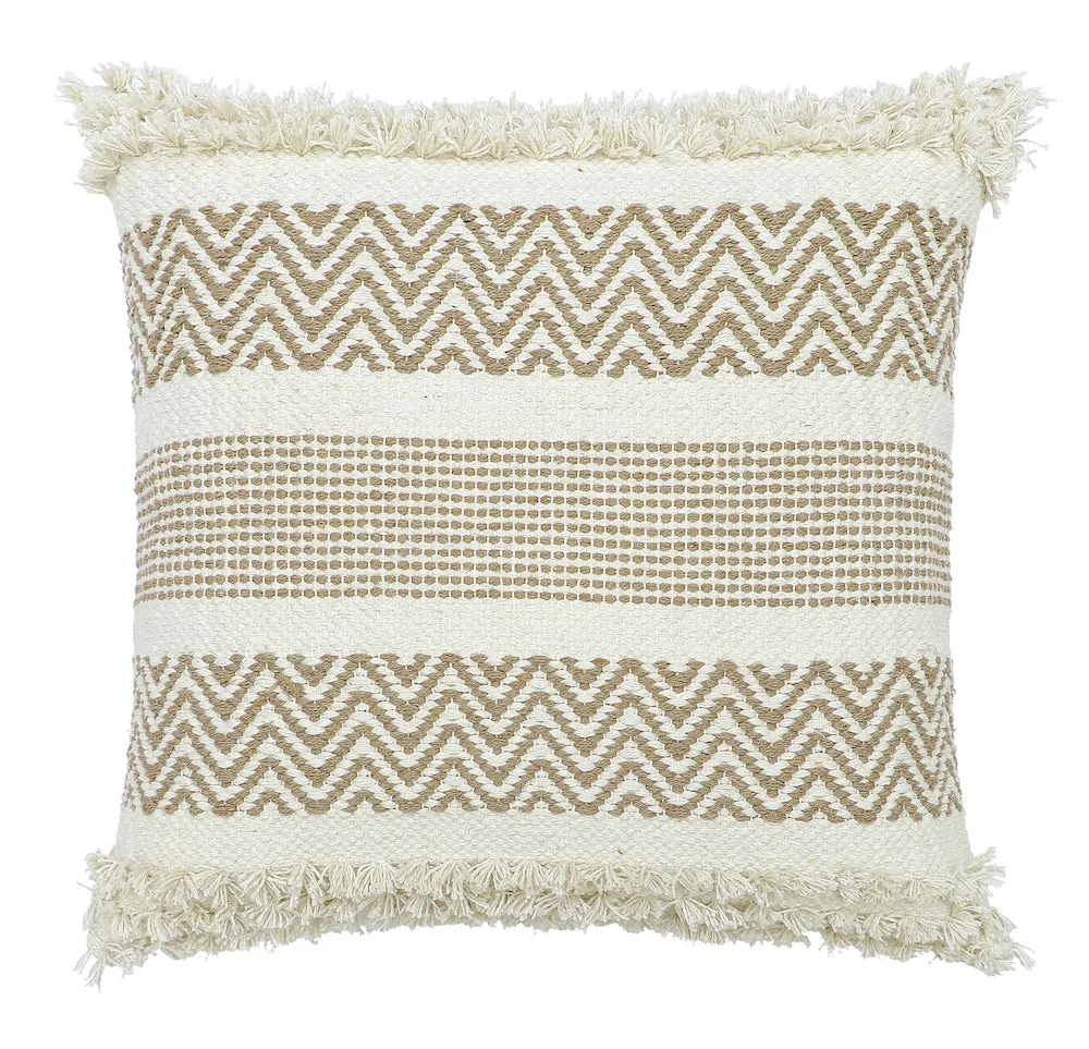 Boho Cushion Cover with Zigzag Pattern and Fringes Beige and White