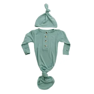Knotted Button Baby Gown & Hat Set - Mint