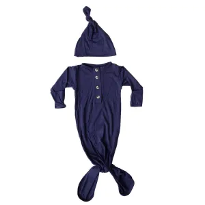 Knotted Button Baby Gown & Hat Set - Navy Blue