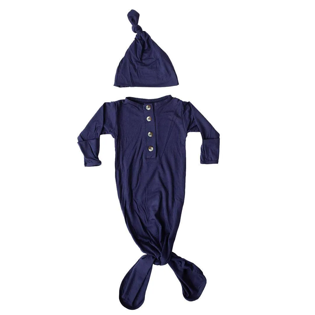 Knotted Button Baby Gown & Hat Set - Navy Blue