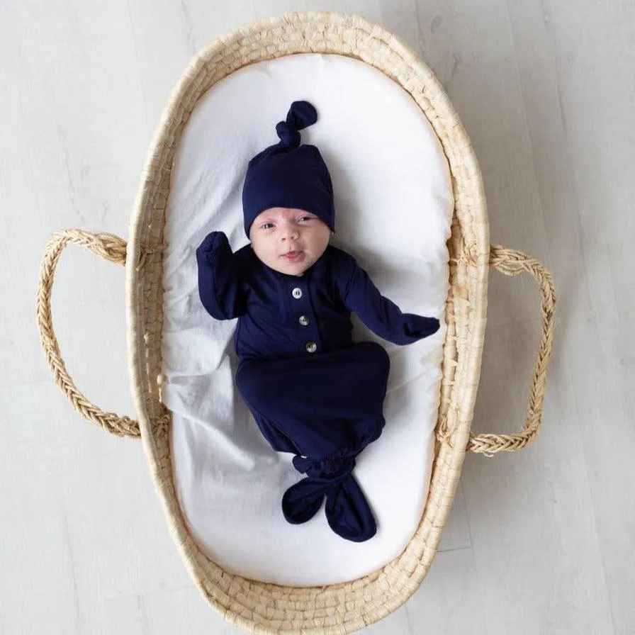 Knotted Button Baby Gown & Hat Set - Navy Blue